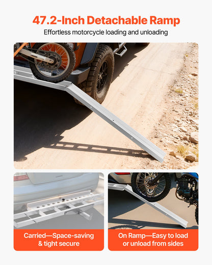 Motorcycle Carrier, 400 lbs Capacity, Heavy Duty Aluminum Hitch Mount Rack with 47in Loading Ramp, Straps & Stabilizer, Scooter Dirt Bike Trailer Hauler for Car Truck with 2-Inch Hitch Receiver