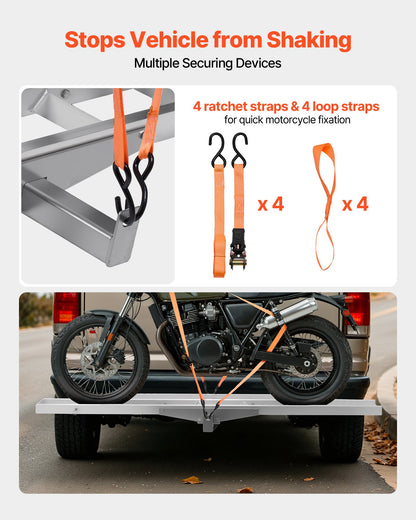 Motorcycle Carrier, 400 lbs Capacity, Heavy Duty Aluminum Hitch Mount Rack with 47in Loading Ramp, Straps & Stabilizer, Scooter Dirt Bike Trailer Hauler for Car Truck with 2-Inch Hitch Receiver