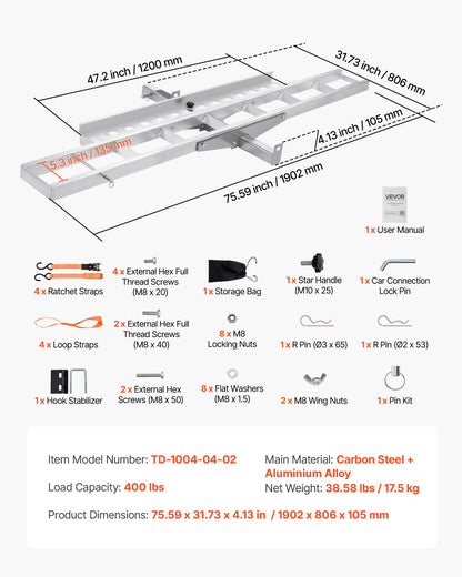 Motorcycle Carrier, 400 lbs Capacity, Heavy Duty Aluminum Hitch Mount Rack with 47in Loading Ramp, Straps & Stabilizer, Scooter Dirt Bike Trailer Hauler for Car Truck with 2-Inch Hitch Receiver