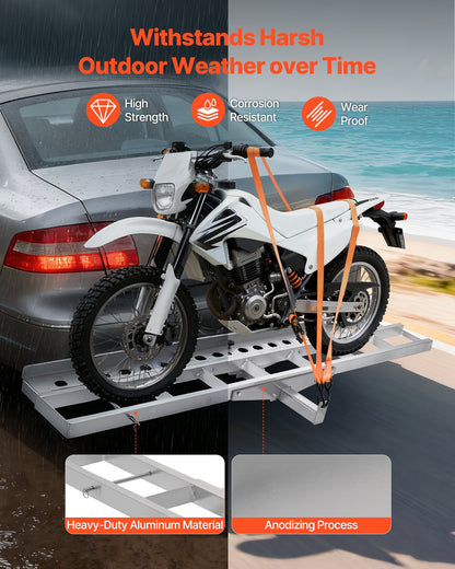 Motorcycle Carrier, 400 lbs Capacity, Heavy Duty Aluminum Hitch Mount Rack with 73in Loading Ramp, Straps & Stabilizer, Scooter Dirt Bike Trailer Hauler for Car Truck with 2-Inch Hitch Receiver