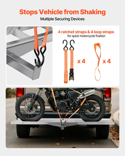 Motorcycle Carrier, 400 lbs Capacity, Heavy Duty Aluminum Hitch Mount Rack with 73in Loading Ramp, Straps & Stabilizer, Scooter Dirt Bike Trailer Hauler for Car Truck with 2-Inch Hitch Receiver