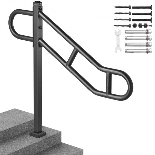 Single Post Handrail for Outdoor 1-3 Steps, 40.5" L x 35.4" H Metal Bent Stair Handrails, Floor Mounted Carbon Steel Stair Railing, U-Shaped Post Grab Rails with 2 Anti-Skid Crossbar for Garage