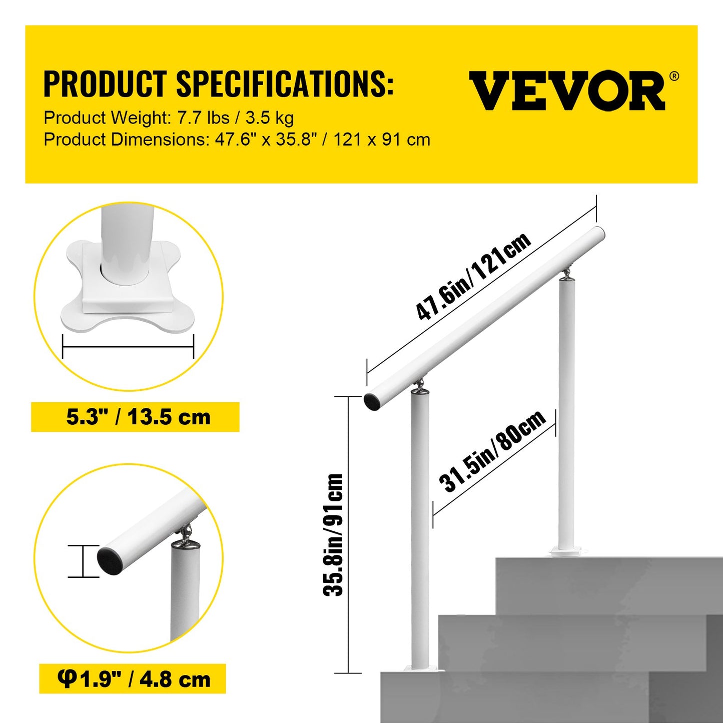 Outdoor Stair Railing Kit, 4 FT Handrails 1-4 Steps, Adjustable Angle White Aluminum Stair Hand Rail for The Elderly, Handrails for Outdoor Steps
