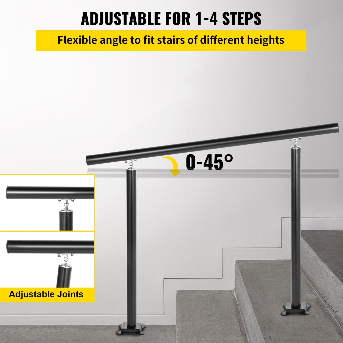 Outdoor Stair Railing Kit, 4 FT Handrails 1-4 Steps, Adjustable Angle Black Aluminum Stair Hand Rail for The Elderly, Handrails for Outdoor Steps