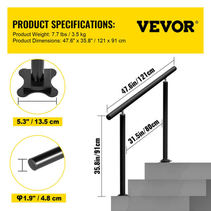 Outdoor Stair Railing Kit, 4 FT Handrails 1-4 Steps, Adjustable Angle Black Aluminum Stair Hand Rail for The Elderly, Handrails for Outdoor Steps