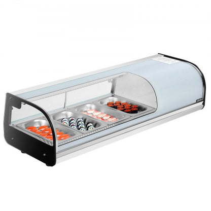Sushi Display Case Refrigerator, 1.5 Cu.ft Commercial Sushi Case, 4-Pan Countertop Showcase with Curved Glass, LED Lighting, and Digital Temperature Control, for Sushi-Bar, Restaurant, Store