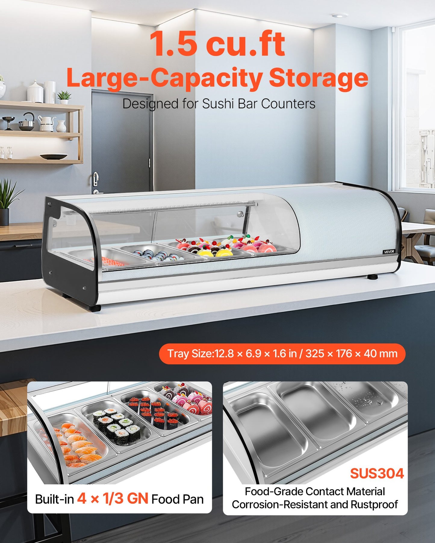 Sushi Display Case Refrigerator, 1.5 Cu.ft Commercial Sushi Case, 4-Pan Countertop Showcase with Curved Glass, LED Lighting, and Digital Temperature Control, for Sushi-Bar, Restaurant, Store