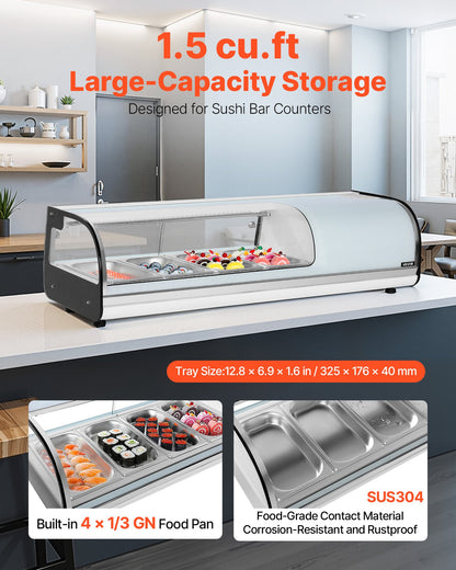 Sushi Display Case Refrigerator, 1.5 Cu.ft Commercial Sushi Case, 4-Pan Countertop Showcase with Curved Glass, LED Lighting, and Digital Temperature Control, for Sushi-Bar, Restaurant, Store