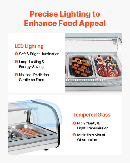 Sushi Display Case Refrigerator, 1.5 Cu.ft Commercial Sushi Case, 4-Pan Countertop Showcase with Curved Glass, LED Lighting, and Digital Temperature Control, for Sushi-Bar, Restaurant, Store
