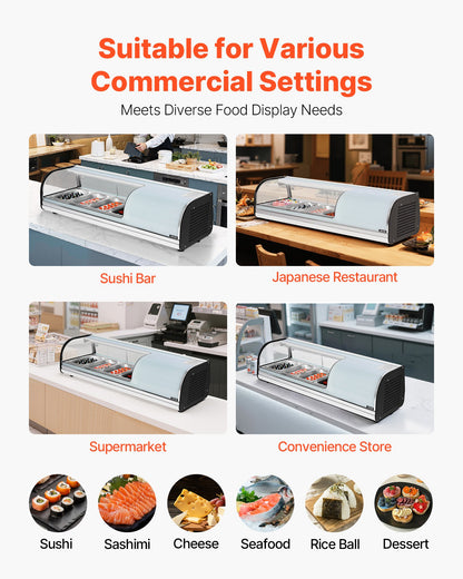 Sushi Display Case Refrigerator, 1.5 Cu.ft Commercial Sushi Case, 4-Pan Countertop Showcase with Curved Glass, LED Lighting, and Digital Temperature Control, for Sushi-Bar, Restaurant, Store