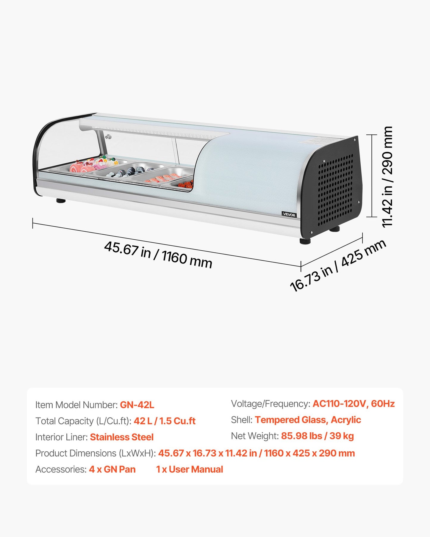 Sushi Display Case Refrigerator, 1.5 Cu.ft Commercial Sushi Case, 4-Pan Countertop Showcase with Curved Glass, LED Lighting, and Digital Temperature Control, for Sushi-Bar, Restaurant, Store