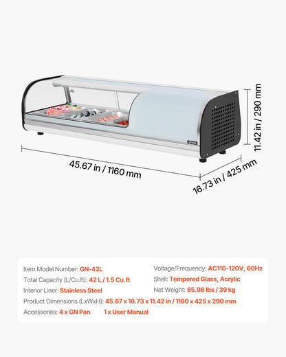Sushi Display Case Refrigerator, 1.5 Cu.ft Commercial Sushi Case, 4-Pan Countertop Showcase with Curved Glass, LED Lighting, and Digital Temperature Control, for Sushi-Bar, Restaurant, Store