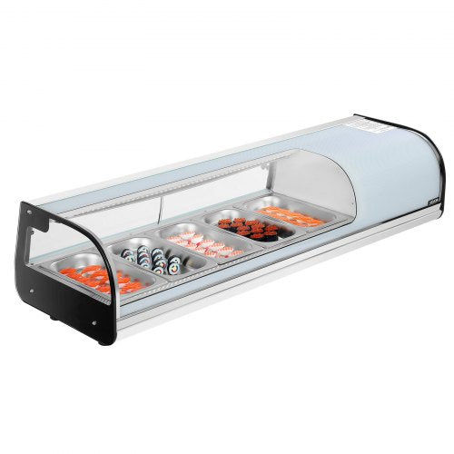 Sushi Display Case Refrigerator, 1.8 Cu.ft Commercial Sushi Case, 5-Pan Countertop Showcase with Curved Glass, LED Lighting, and Digital Temperature Control, for Sushi-Bar, Restaurant, Store