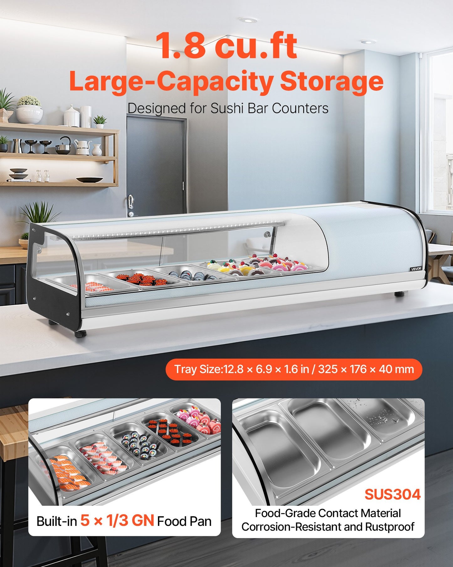 Sushi Display Case Refrigerator, 1.8 Cu.ft Commercial Sushi Case, 5-Pan Countertop Showcase with Curved Glass, LED Lighting, and Digital Temperature Control, for Sushi-Bar, Restaurant, Store