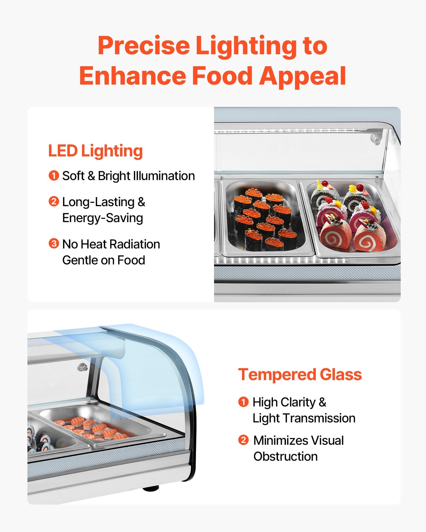 Sushi Display Case Refrigerator, 1.8 Cu.ft Commercial Sushi Case, 5-Pan Countertop Showcase with Curved Glass, LED Lighting, and Digital Temperature Control, for Sushi-Bar, Restaurant, Store