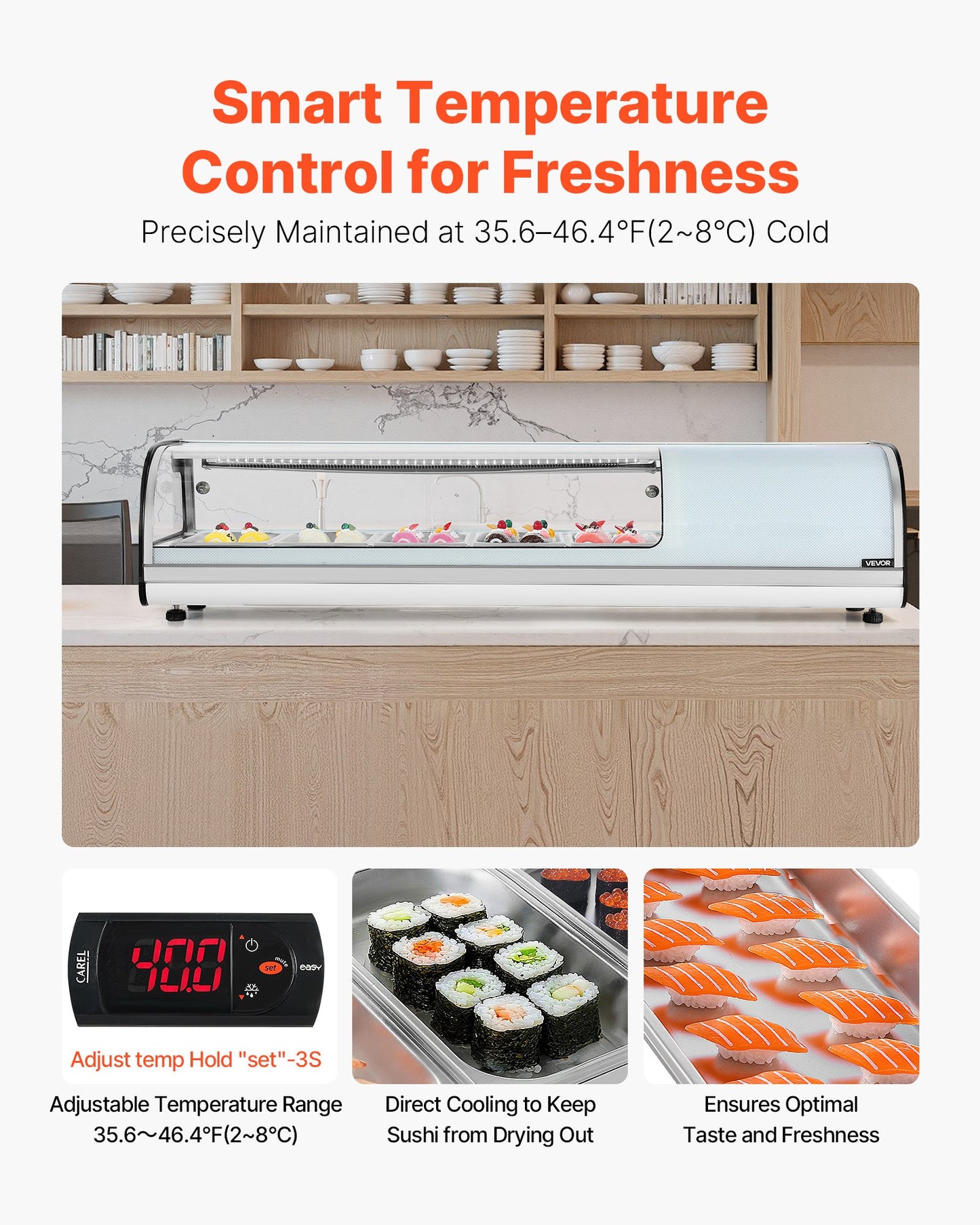 Sushi Display Case Refrigerator, 1.8 Cu.ft Commercial Sushi Case, 5-Pan Countertop Showcase with Curved Glass, LED Lighting, and Digital Temperature Control, for Sushi-Bar, Restaurant, Store