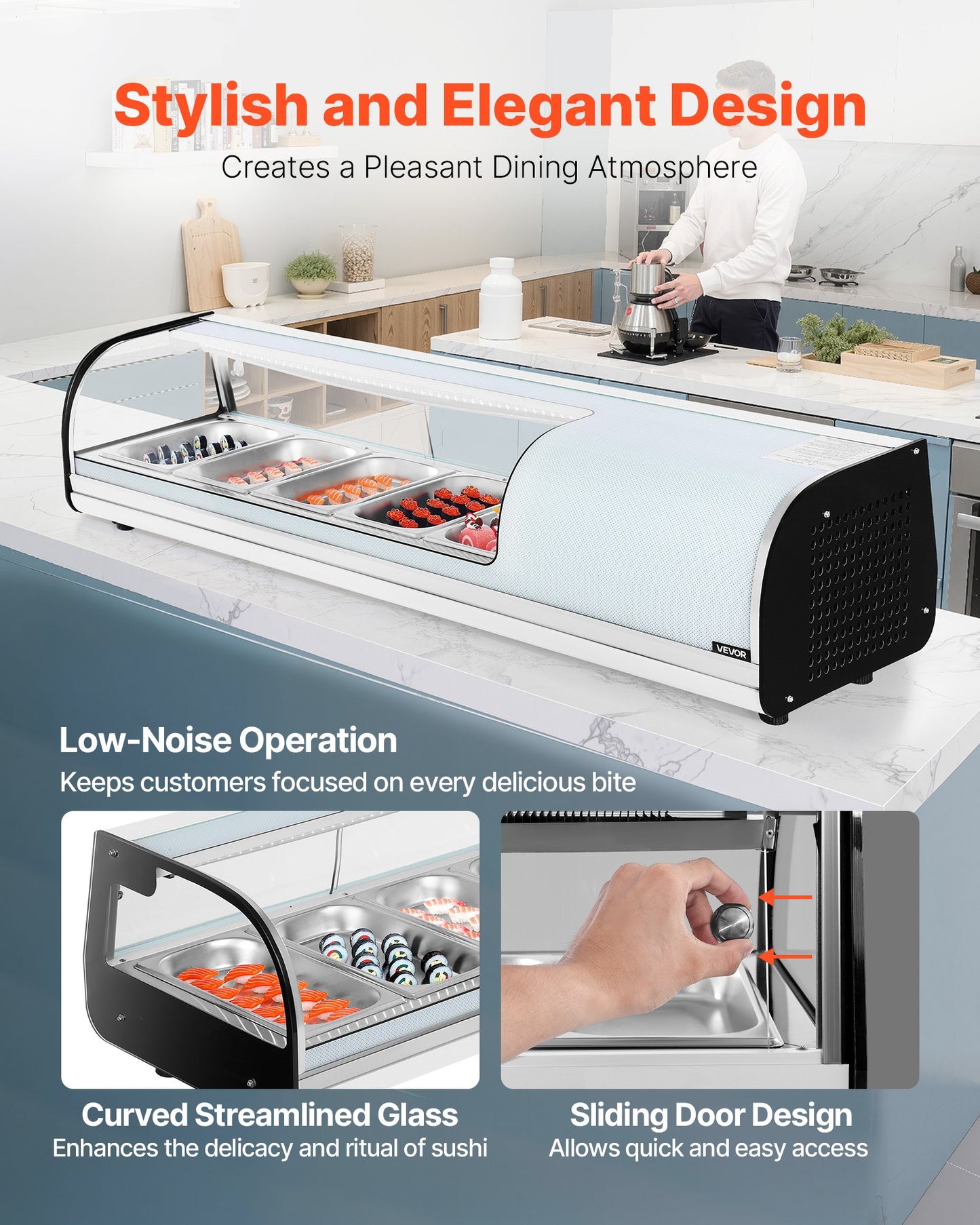 Sushi Display Case Refrigerator, 1.8 Cu.ft Commercial Sushi Case, 5-Pan Countertop Showcase with Curved Glass, LED Lighting, and Digital Temperature Control, for Sushi-Bar, Restaurant, Store