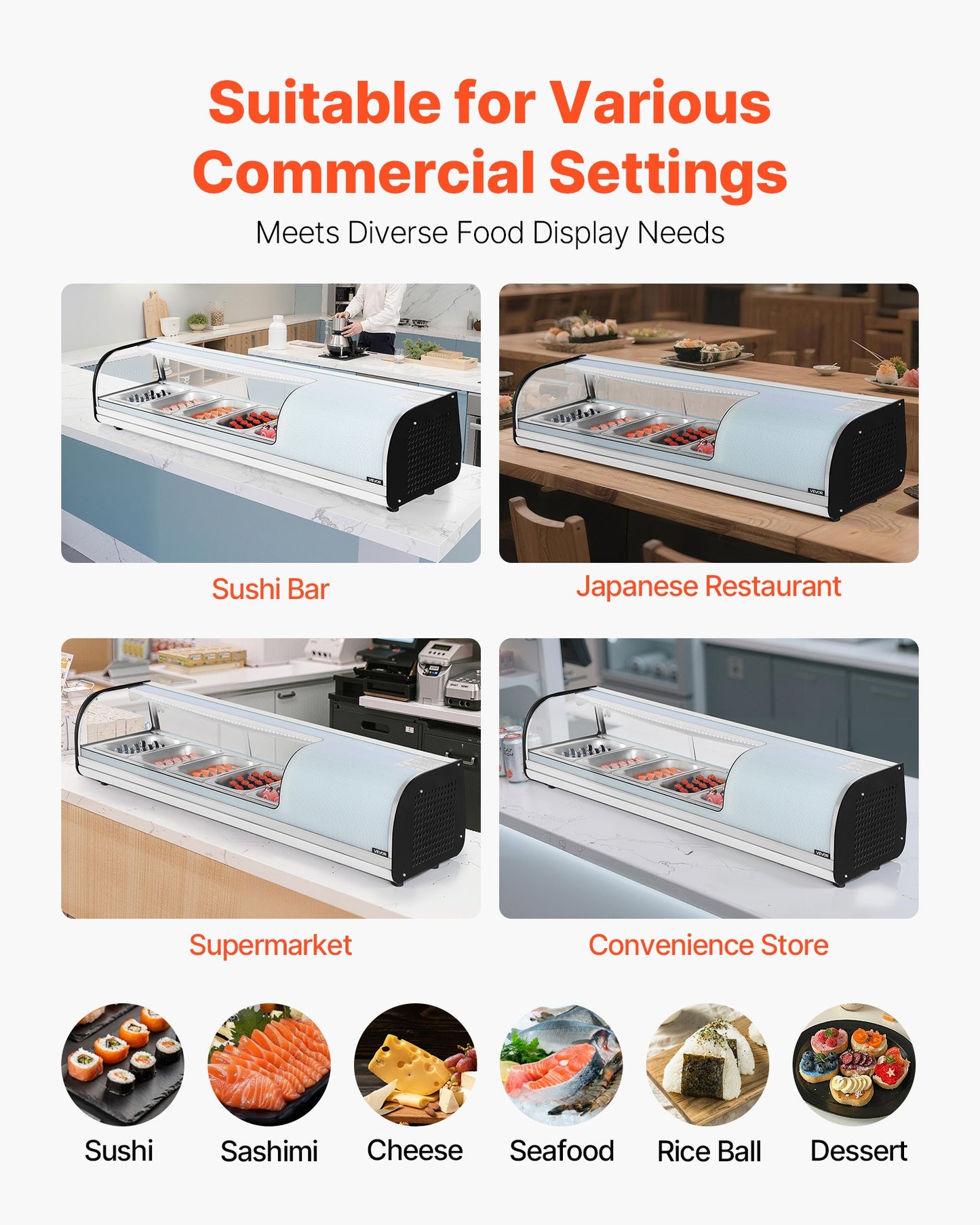 Sushi Display Case Refrigerator, 1.8 Cu.ft Commercial Sushi Case, 5-Pan Countertop Showcase with Curved Glass, LED Lighting, and Digital Temperature Control, for Sushi-Bar, Restaurant, Store