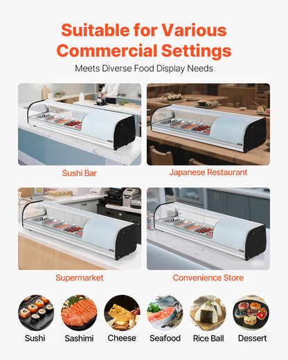 Sushi Display Case Refrigerator, 1.8 Cu.ft Commercial Sushi Case, 5-Pan Countertop Showcase with Curved Glass, LED Lighting, and Digital Temperature Control, for Sushi-Bar, Restaurant, Store