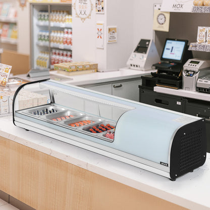 Sushi Display Case Refrigerator, 1.8 Cu.ft Commercial Sushi Case, 5-Pan Countertop Showcase with Curved Glass, LED Lighting, and Digital Temperature Control, for Sushi-Bar, Restaurant, Store