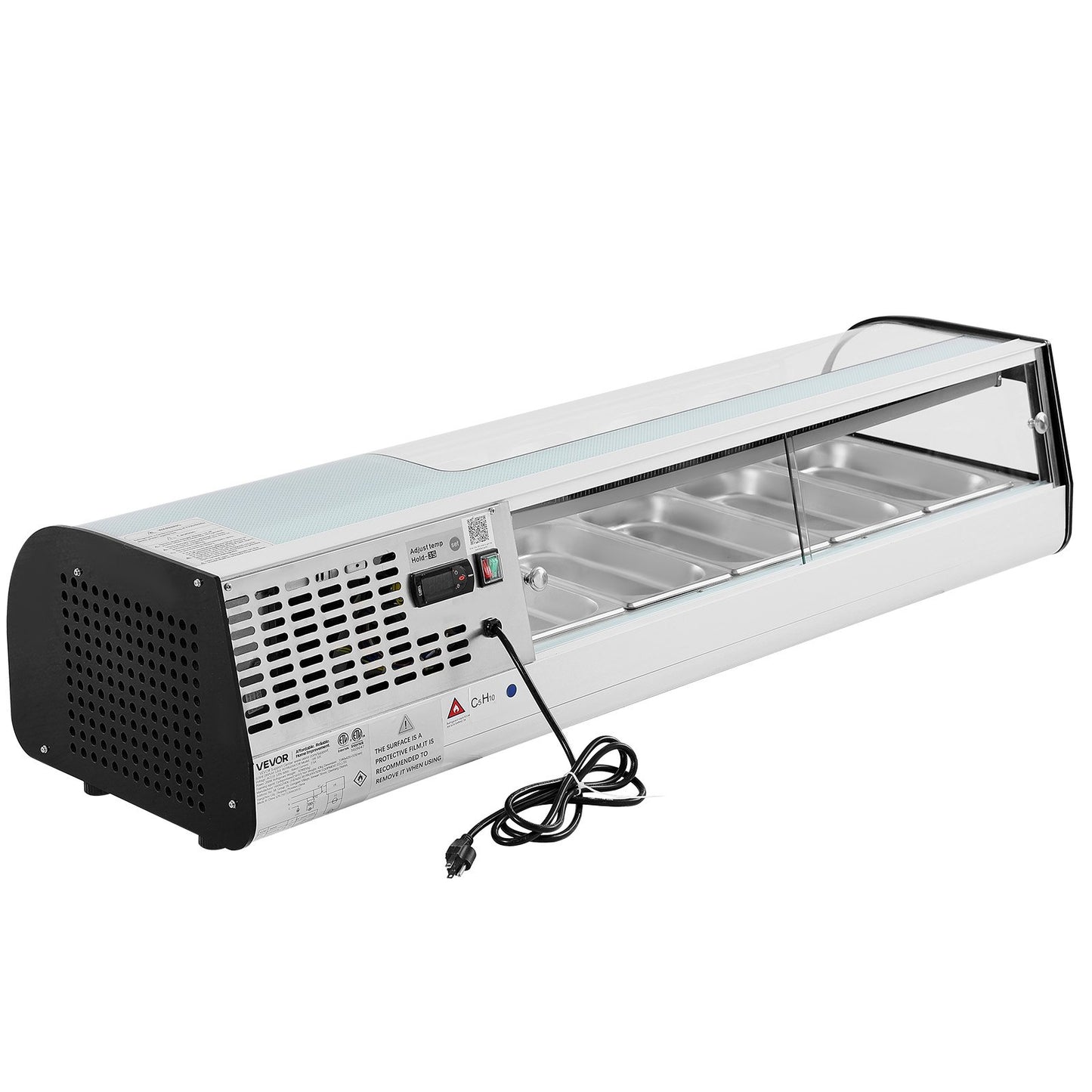 Sushi Display Case Refrigerator, 1.8 Cu.ft Commercial Sushi Case, 5-Pan Countertop Showcase with Curved Glass, LED Lighting, and Digital Temperature Control, for Sushi-Bar, Restaurant, Store