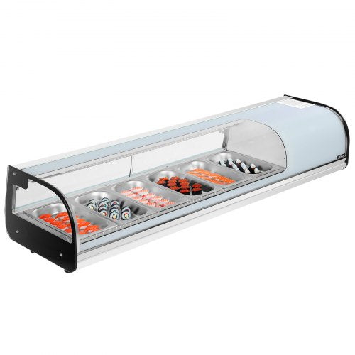 Sushi Display Case Refrigerator, 2.2 Cu.ft Commercial Sushi Case, 6-Pan Countertop Showcase with Curved Glass, LED Lighting, and Digital Temperature Control, for Sushi-Bar, Restaurant, Store