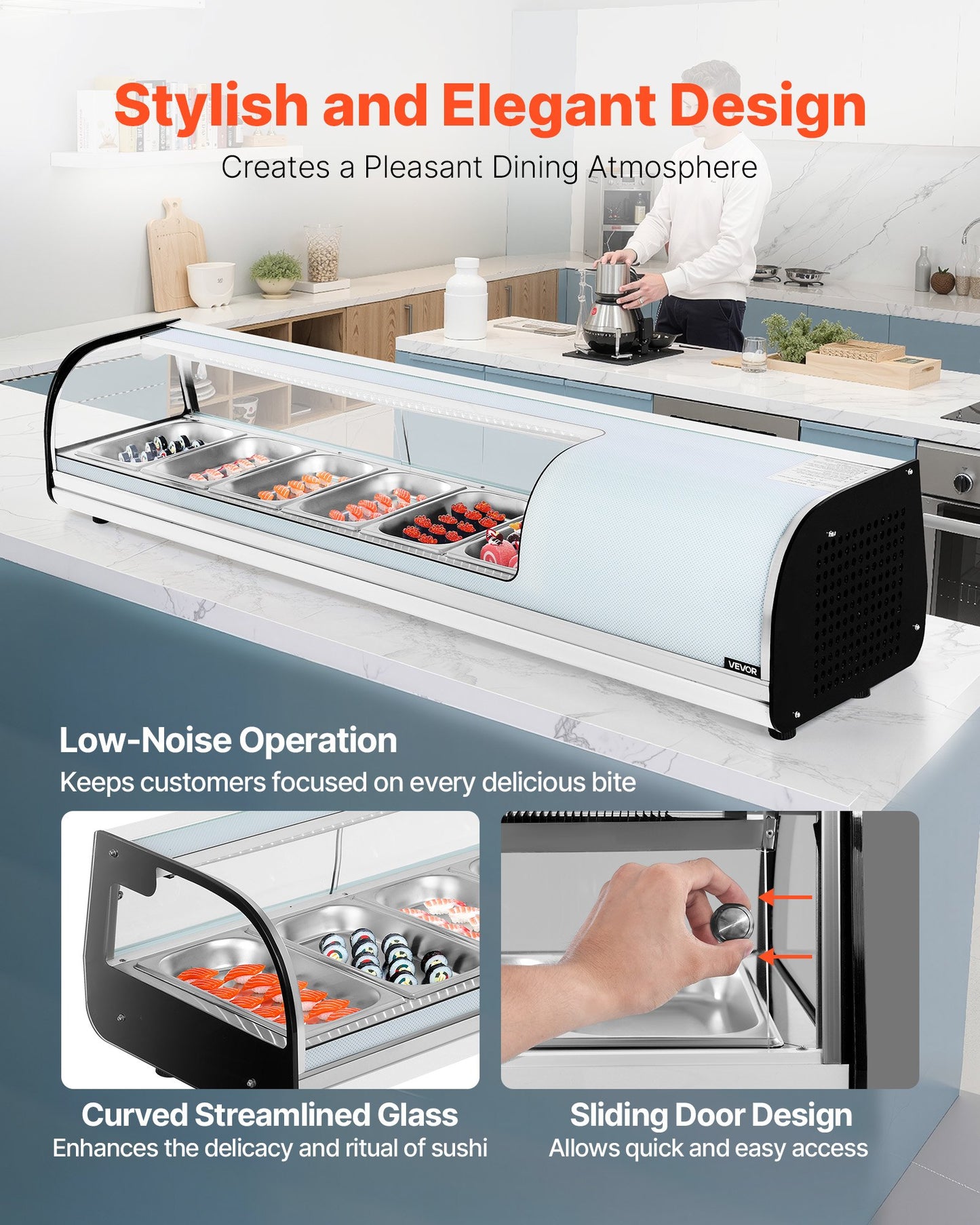 Sushi Display Case Refrigerator, 2.2 Cu.ft Commercial Sushi Case, 6-Pan Countertop Showcase with Curved Glass, LED Lighting, and Digital Temperature Control, for Sushi-Bar, Restaurant, Store