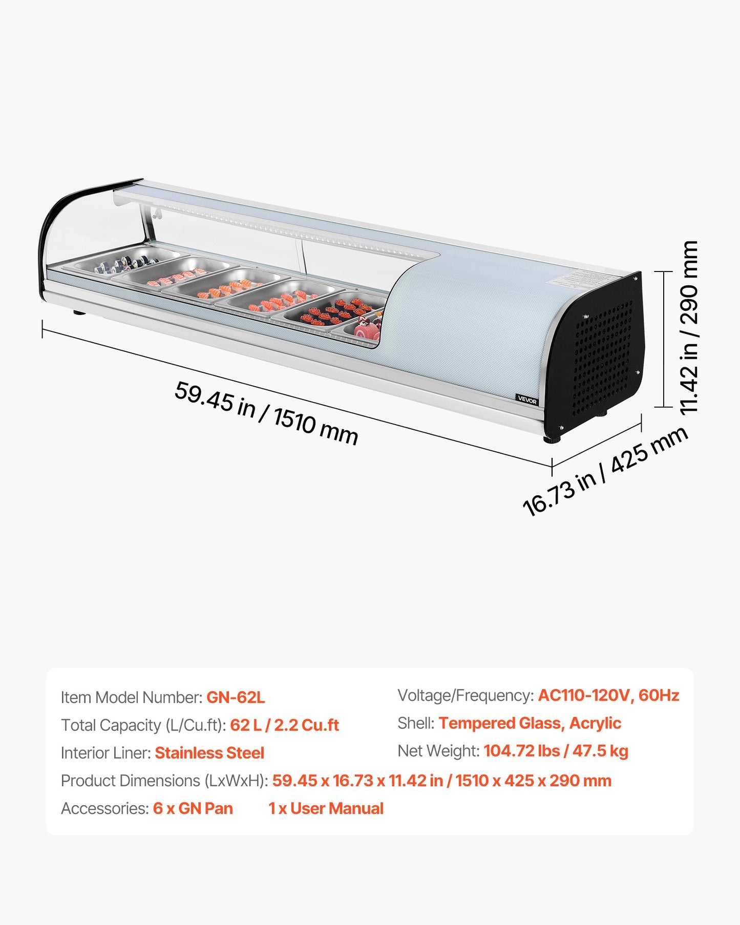 Sushi Display Case Refrigerator, 2.2 Cu.ft Commercial Sushi Case, 6-Pan Countertop Showcase with Curved Glass, LED Lighting, and Digital Temperature Control, for Sushi-Bar, Restaurant, Store