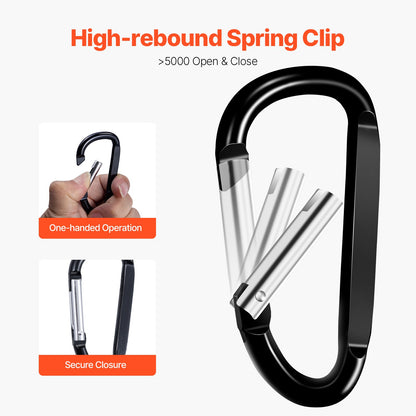 10 PCS Black Carabiner, Caribeaner Clip, Spring Snap Hook for Keychain Clip, 3.07" Aluminum Alloy D Ring Shape Carabeaner with 20 PCS Keyring, Multipurpose for Camping, Hiking, Backpacking