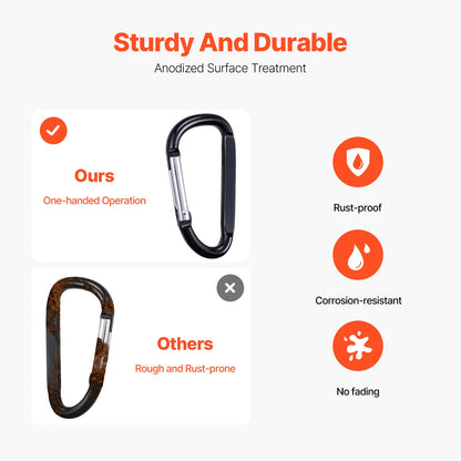 10 PCS Black Carabiner, Caribeaner Clip, Spring Snap Hook for Keychain Clip, 3.07" Aluminum Alloy D Ring Shape Carabeaner with 20 PCS Keyring, Multipurpose for Camping, Hiking, Backpacking