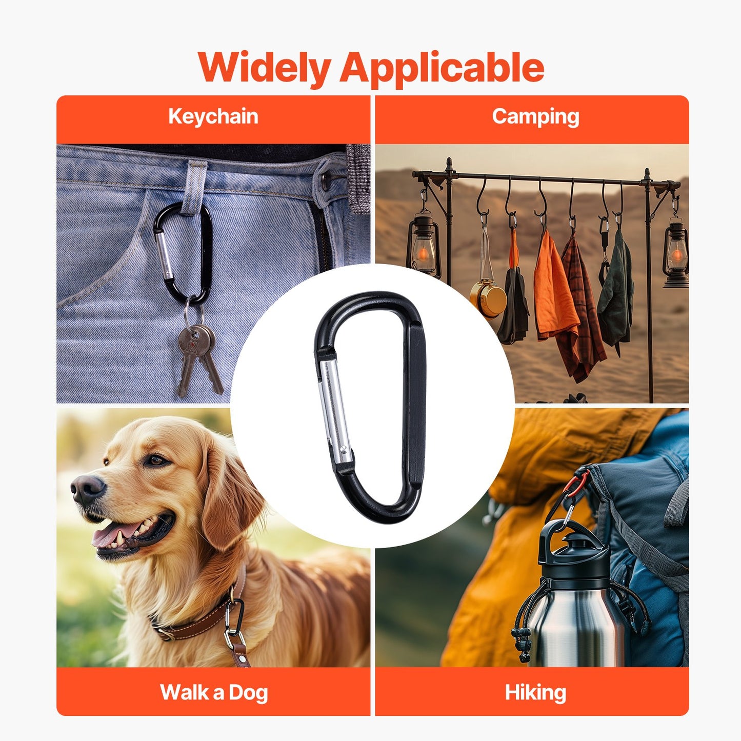 10 PCS Black Carabiner, Caribeaner Clip, Spring Snap Hook for Keychain Clip, 3.07" Aluminum Alloy D Ring Shape Carabeaner with 20 PCS Keyring, Multipurpose for Camping, Hiking, Backpacking