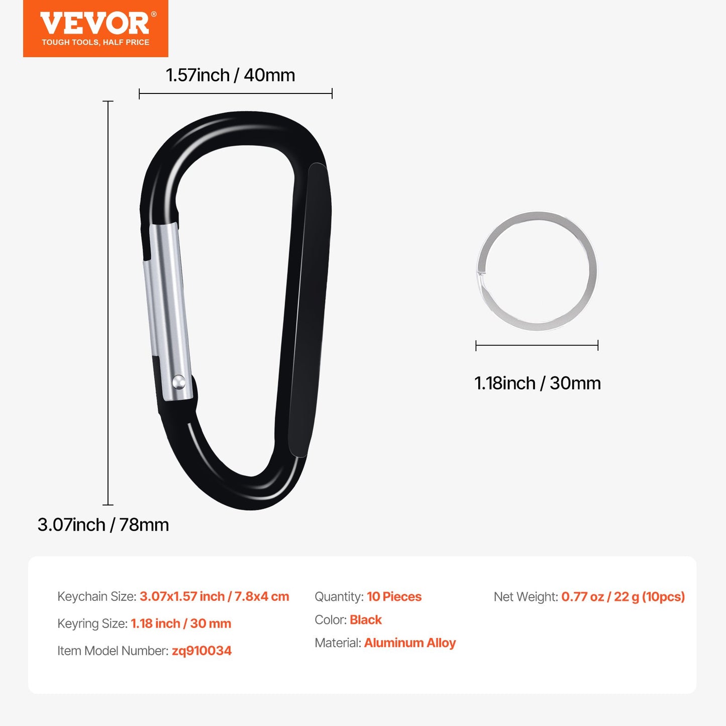 10 PCS Black Carabiner, Caribeaner Clip, Spring Snap Hook for Keychain Clip, 3.07" Aluminum Alloy D Ring Shape Carabeaner with 20 PCS Keyring, Multipurpose for Camping, Hiking, Backpacking