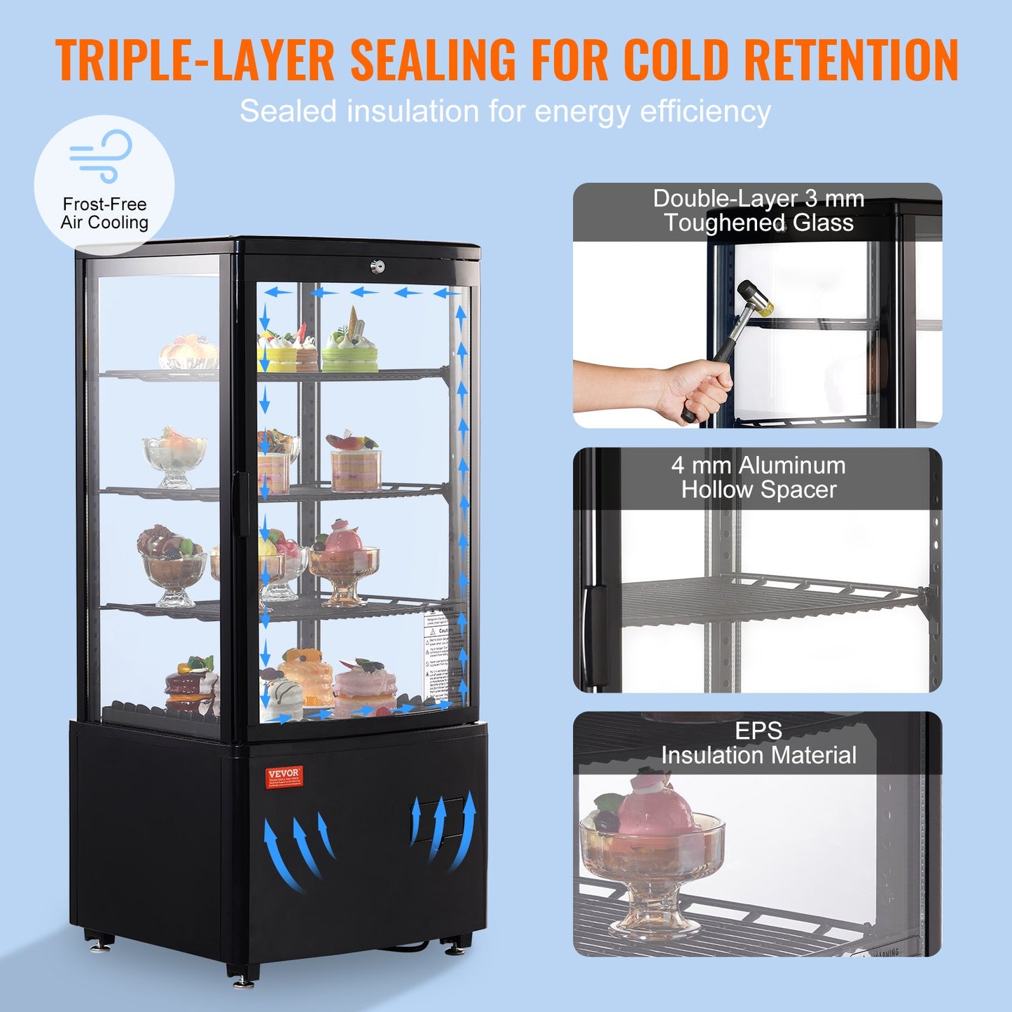 Refrigerated Display Case, 3 Cu.Ft./85L Countertop Pastry Display Case, 3-Tier Commercial Display Refrigerator with LED Lighting, TURBO Cooling, Frost-Free Air-Cooling, Locked Door for Bakery