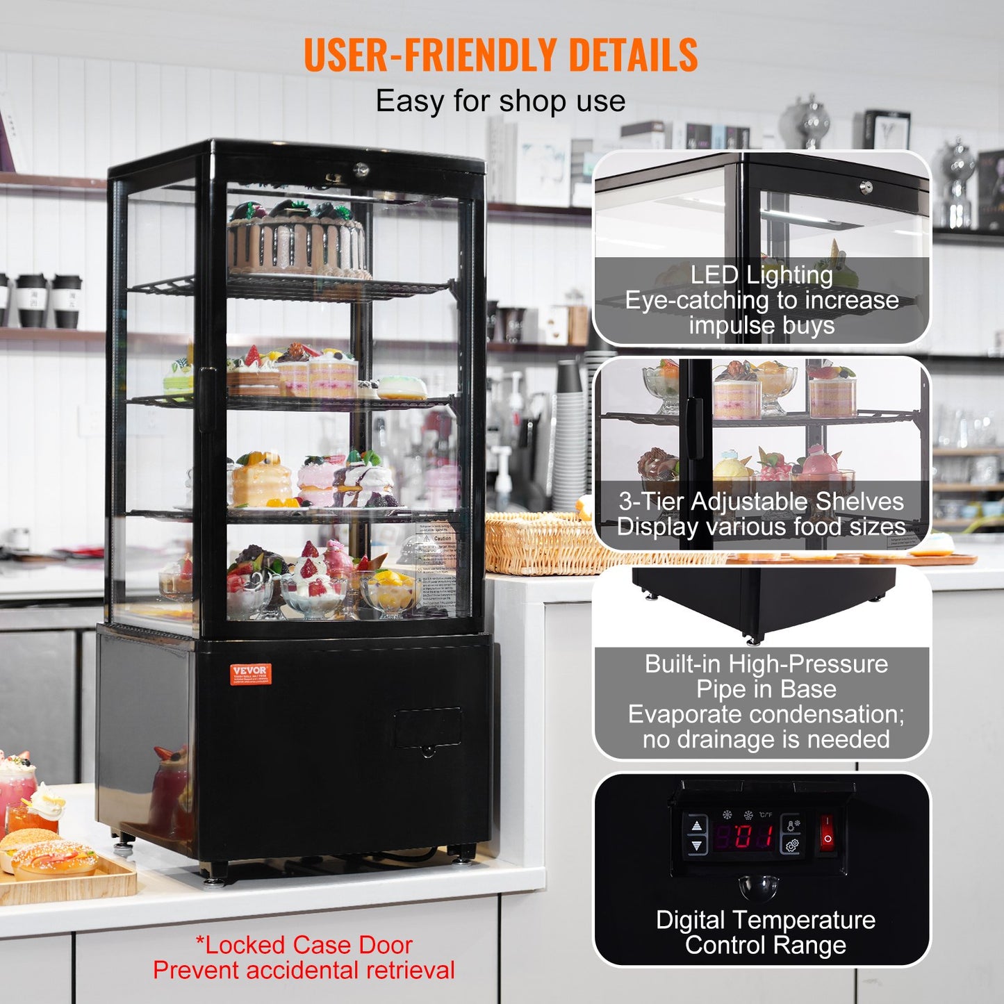 Refrigerated Display Case, 3 Cu.Ft./85L Countertop Pastry Display Case, 3-Tier Commercial Display Refrigerator with LED Lighting, TURBO Cooling, Frost-Free Air-Cooling, Locked Door for Bakery