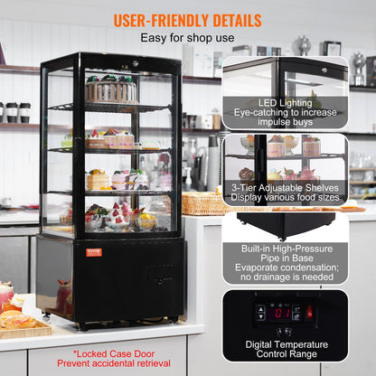Refrigerated Display Case, 3 Cu.Ft./85L Countertop Pastry Display Case, 3-Tier Commercial Display Refrigerator with LED Lighting, TURBO Cooling, Frost-Free Air-Cooling, Locked Door for Bakery