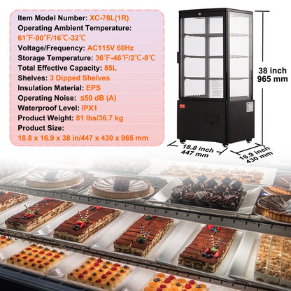 Refrigerated Display Case, 3 Cu.Ft./85L Countertop Pastry Display Case, 3-Tier Commercial Display Refrigerator with LED Lighting, TURBO Cooling, Frost-Free Air-Cooling, Locked Door for Bakery