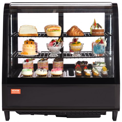 Refrigerated Display Case, 3.5 Cu.Ft./100L, 2-Tier, Countertop Pastry Display Case Commercial Display Refrigerator with LED Lighting, TURBO Cooling, Frost-Free Air-Cooling, Rear Sliding Door