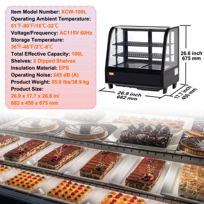 Refrigerated Display Case, 3.5 Cu.Ft./100L, 2-Tier, Countertop Pastry Display Case Commercial Display Refrigerator with LED Lighting, TURBO Cooling, Frost-Free Air-Cooling, Rear Sliding Door