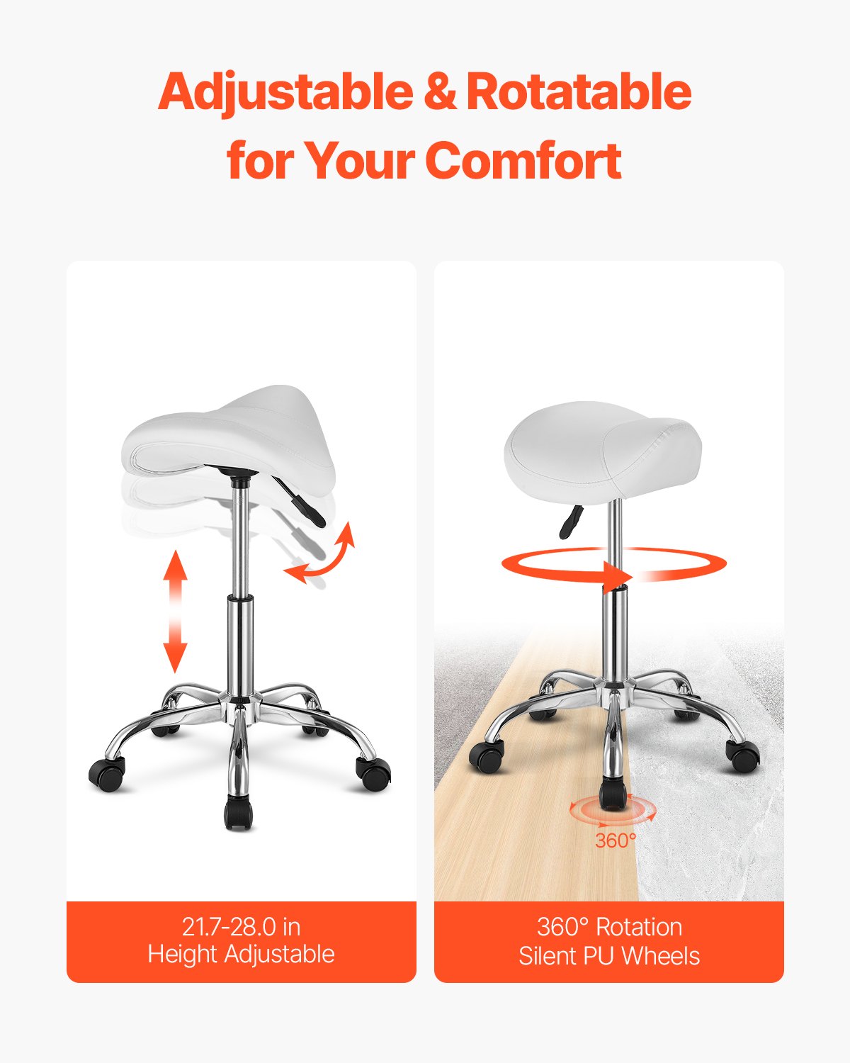 Sadelpall Vridbar pall med hjul PU Läder Höjdjusterbar Vit