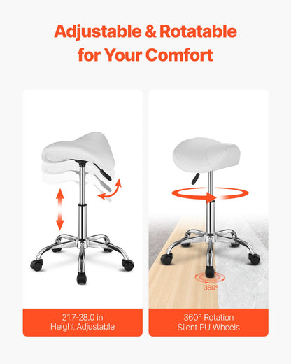 Sadelpall Vridbar pall med hjul PU Läder Höjdjusterbar Vit