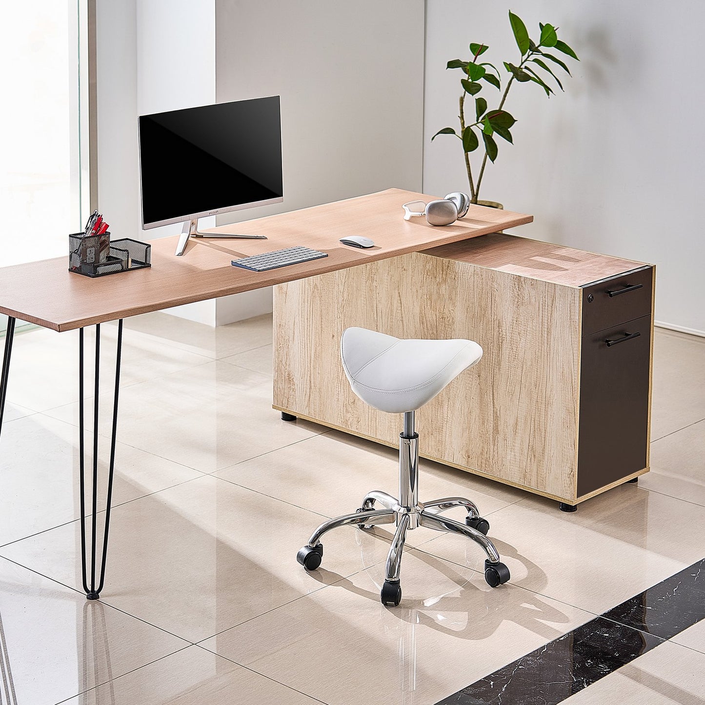 Saddle Stool with Wheels, 450 LBS Weight Capacity Ergonomic Rolling Stool, Height Adjustable Thickened PU Leather Swivel Saddle Chair for Salon, Spa, Massage, Tattoo, Clinic, White