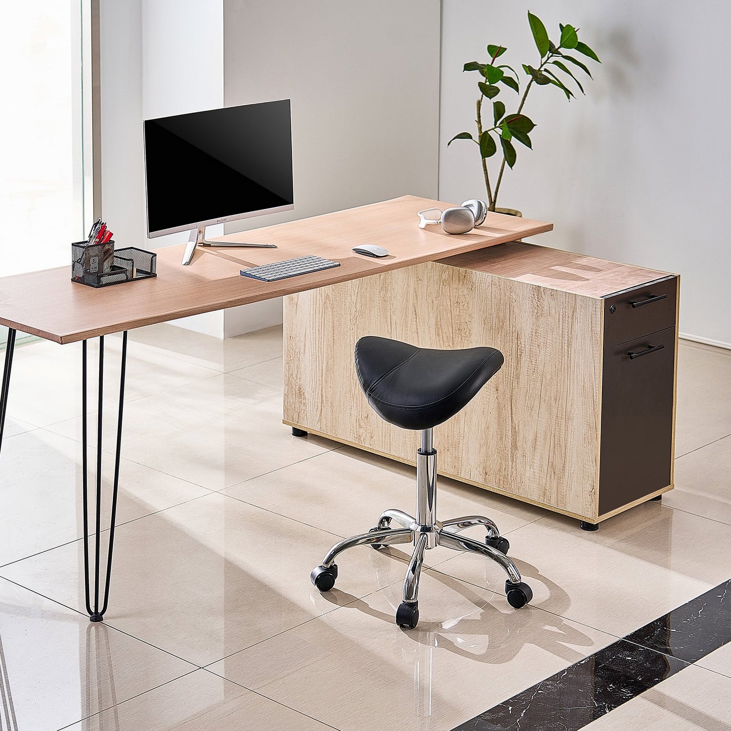 Saddle Stool with Wheels, 450 LBS Weight Capacity Ergonomic Rolling Stool, Height Adjustable Thickened PU Leather Swivel Saddle Chair for Salon, Spa, Massage, Tattoo, Clinic, Black