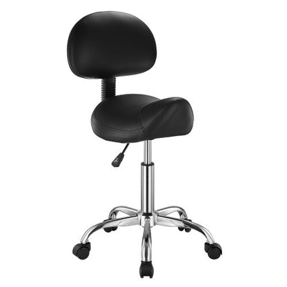 Saddle Stool with Back Support and Wheels, 450 LBS Weight Capacity Ergonomic Rolling Stool, Height Adjustable Thickened PU Leather Swivel Saddle Chair for Salon, Spa, Massage, Tattoo, Black
