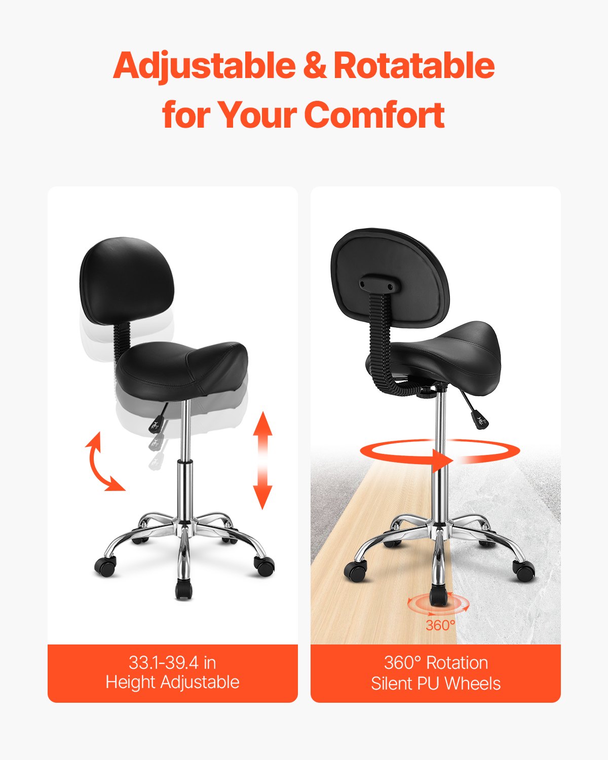 Sattelhocker Drehhocker mit Rückenlehne PU-Leder Höhenverstellbar Schwarz