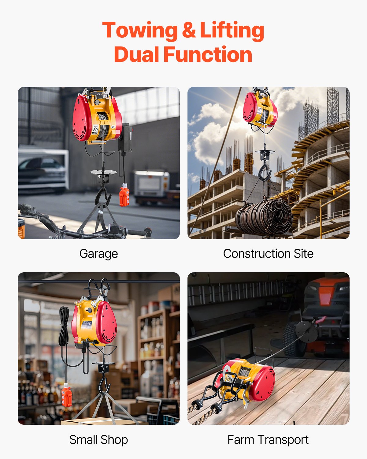 2-in-1 Electric Hoist Winch, 1100 lbs Capacity, 1800W Portable Power Winch, 98 ft Lifting Height, 36 ft/min with Wire and Wireless Remote Control, for Garage, Warehouse, Factory Lifting Towing