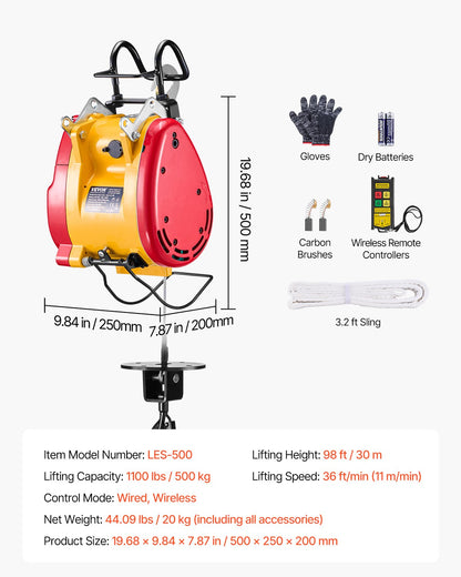 2-in-1 Electric Hoist Winch, 1100 lbs Capacity, 1800W Portable Power Winch, 98 ft Lifting Height, 36 ft/min with Wire and Wireless Remote Control, for Garage, Warehouse, Factory Lifting Towing