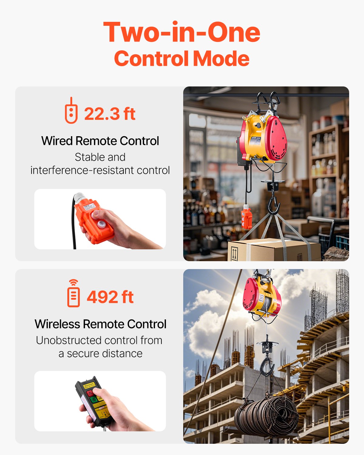 2-i-1 bärbar elektrisk lyftvinsch 1100LBS trådbunden/trådlös fjärrkontroll