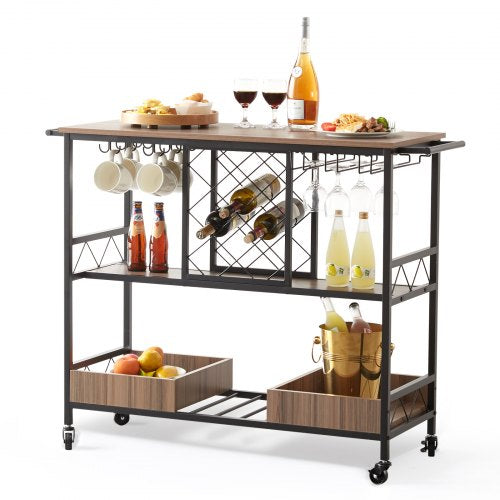 Bar Cart, Home Serving Cart, 3 Tiers 300 LBS Industrial Rolling Beverage Station on Lockable Wheels, Mobile Alcohol Drink Cart with Removable Tray Wine Rack Glass Holder for Kitchen Dining Room