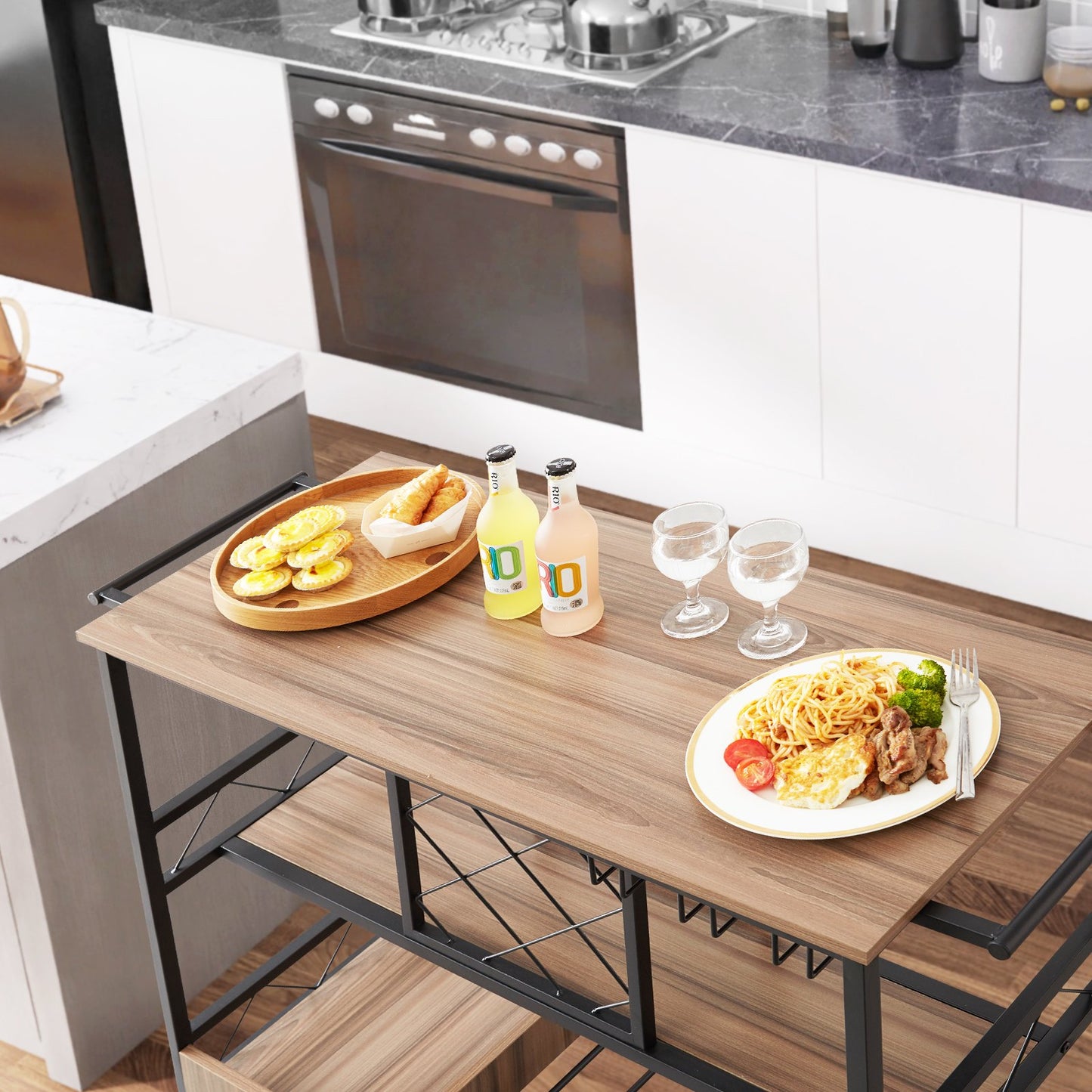 Bar Cart, Home Serving Cart, 3 Tiers 300 LBS Industrial Rolling Beverage Station on Lockable Wheels, Mobile Alcohol Drink Cart with Removable Tray Wine Rack Glass Holder for Kitchen Dining Room