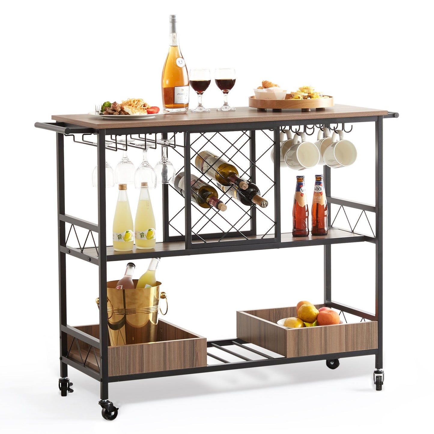 Bar Cart, Home Serving Cart, 3 Tiers 300 LBS Industrial Rolling Beverage Station on Lockable Wheels, Mobile Alcohol Drink Cart with Removable Tray Wine Rack Glass Holder for Kitchen Dining Room